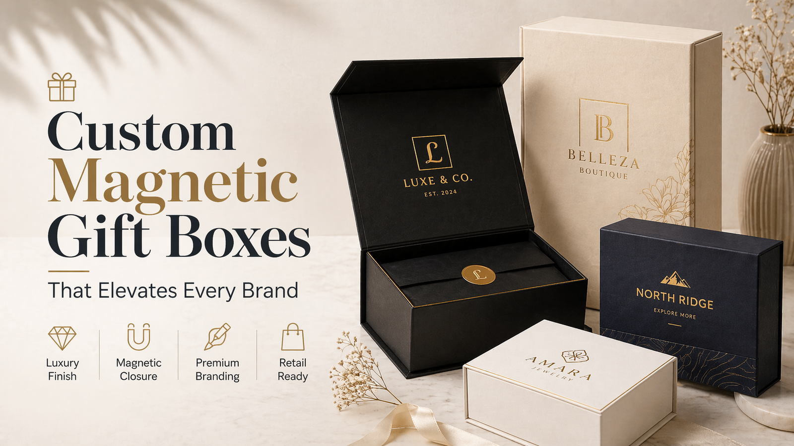 The custom magnetic gift boxes have a high-quality closure, luxurious touch, and branding features to be used in retail and gifting purposes.